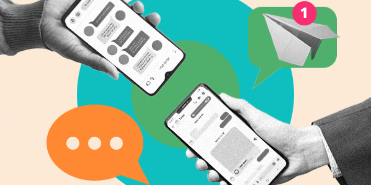 two hands holding iphones- telegram and message icon